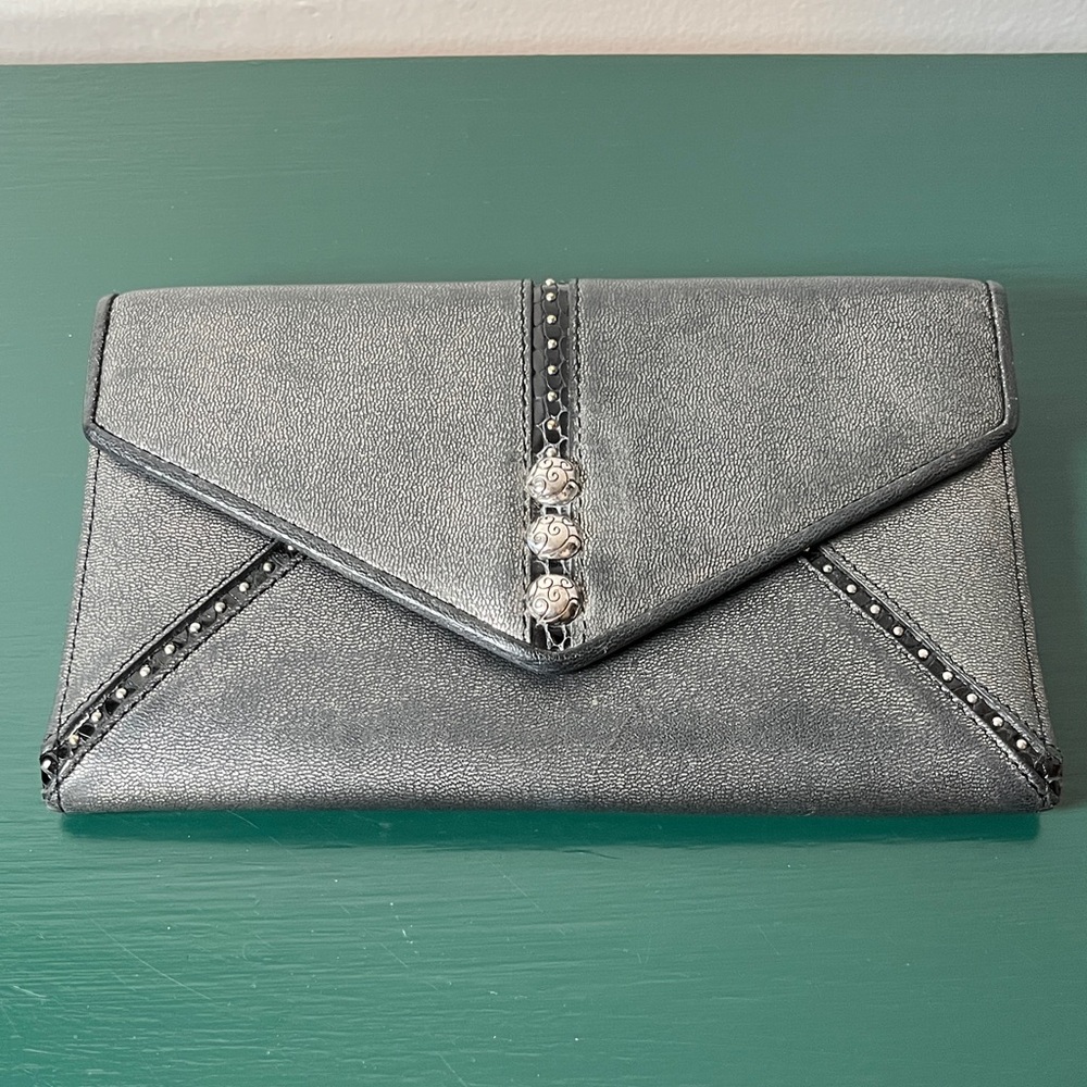 Brighton Metallic Silver Gray Leather‎ Bifold Clutch Wallet *No shoulder strap*